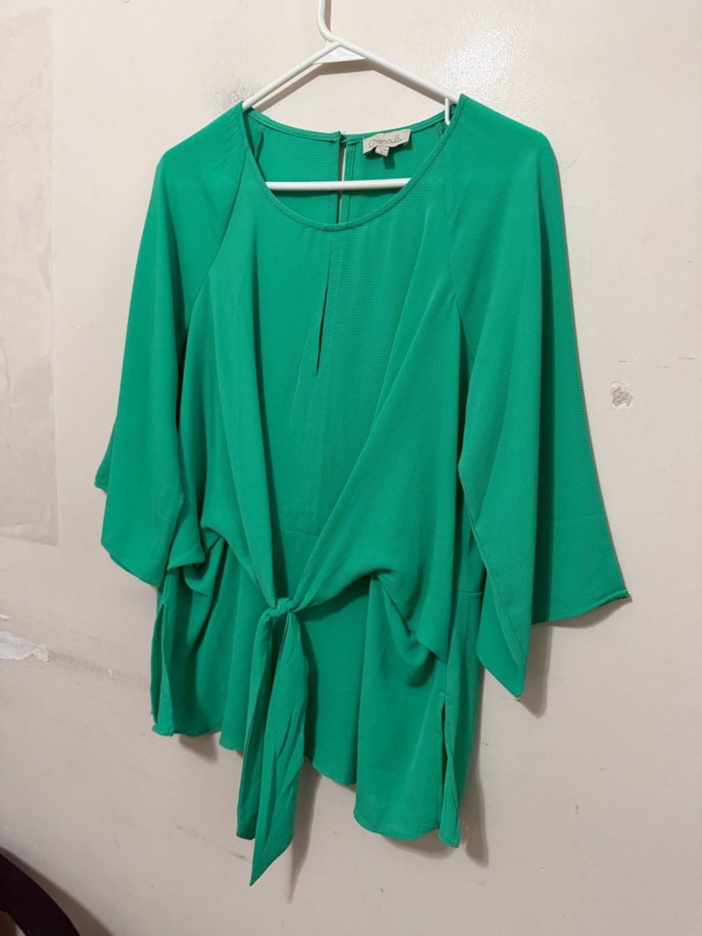 Chenault Green Tie Front Blouse Women’s Large Flowy 3/4 Sleeve Lightweight Top - Picture 3 of 13